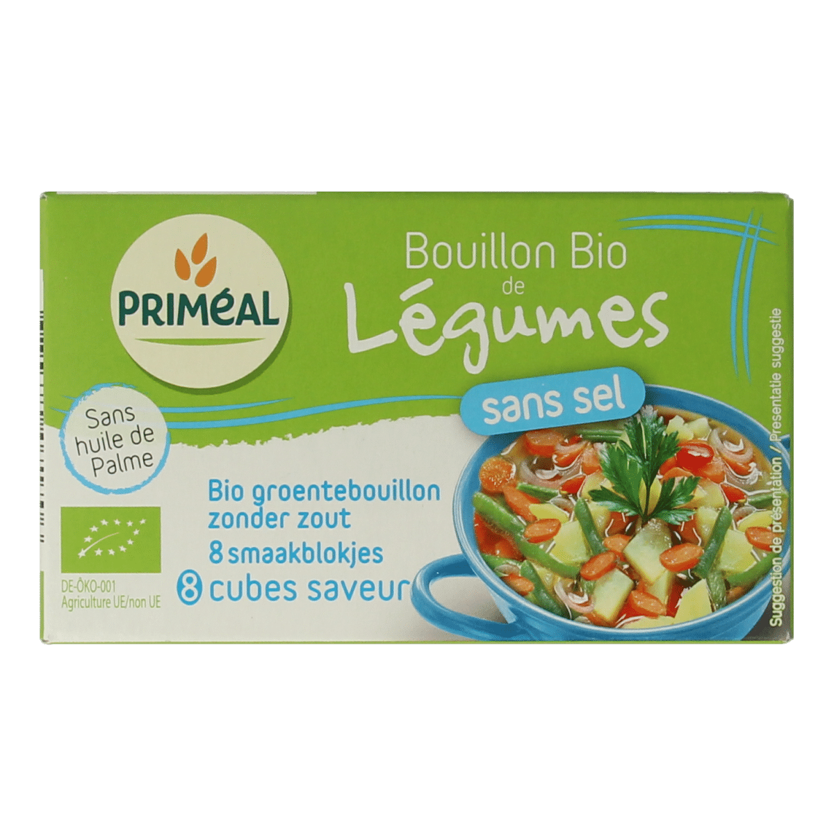 3380380071706_A1N1.png Primeal Groentebouillon blokjes zonder zout 9 gram bio - Afbeelding 1