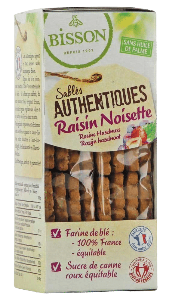 3760005021147_A1N1.png Bisson Authentieke zandkoekjes met hazelnoot/rozijnen bio - Afbeelding 1
