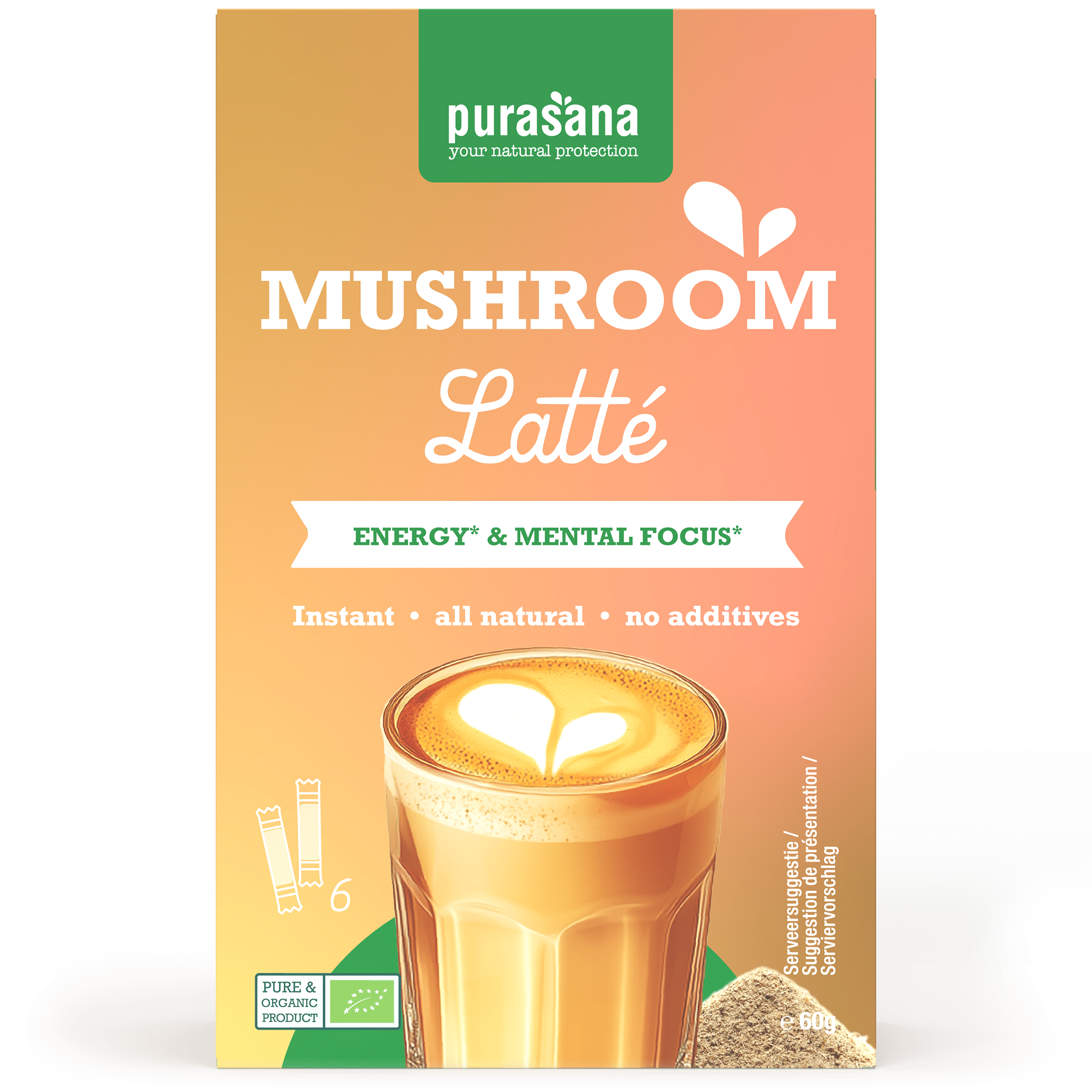 5400706106849_A1N1.png Purasana Instant mushroom latte 6x10g bio - Afbeelding 1