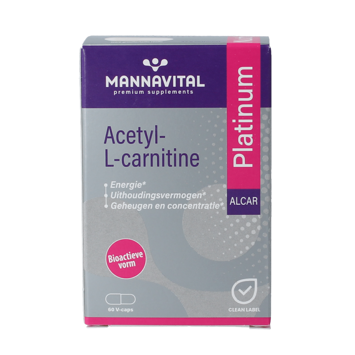 5412339103676_A1N1.png Mannavital Acetyl-L-Carnitine platinum - Afbeelding 1