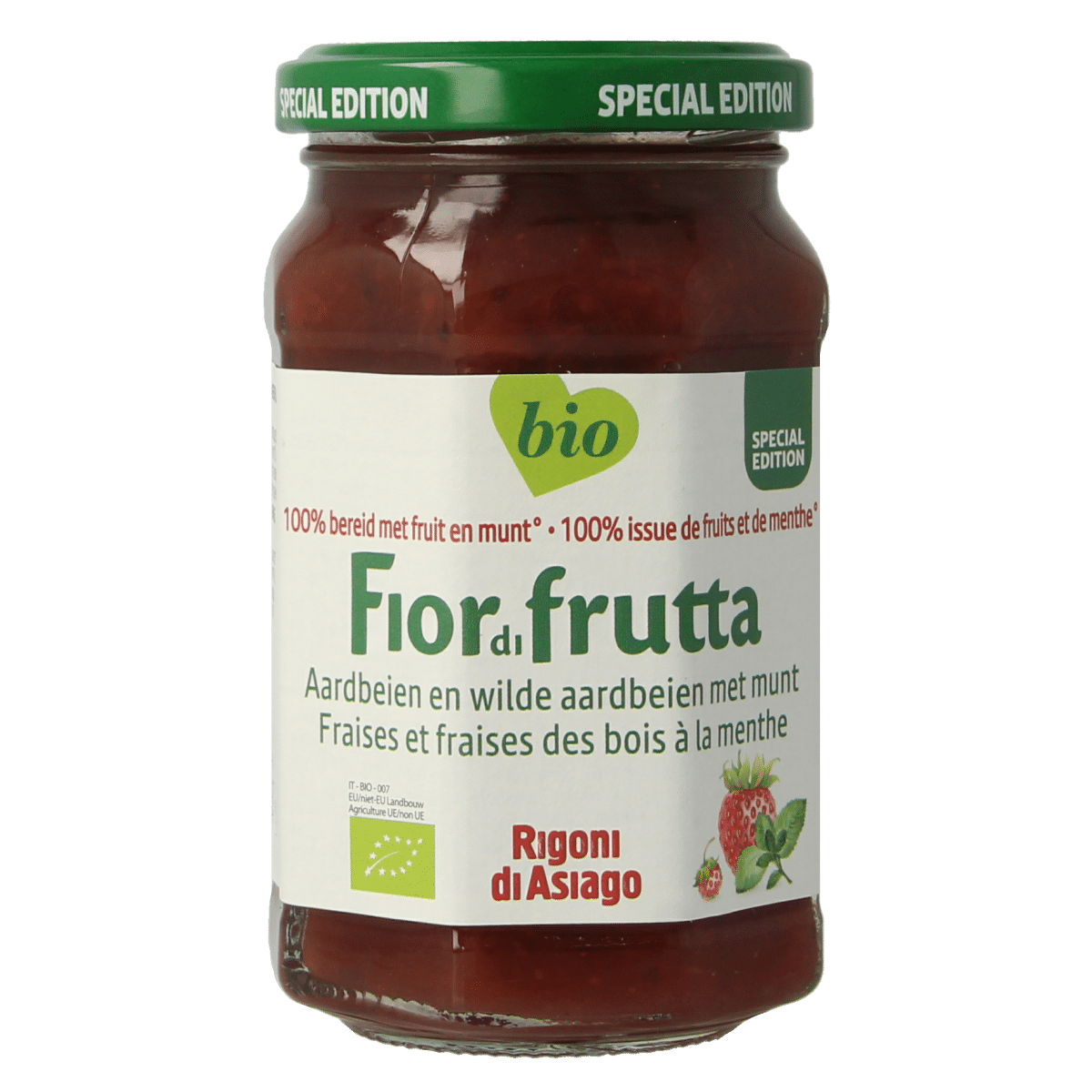 8001505004199_A1N1.png Fiordifrutta Aardbeien en wilde aardbeien met munt jam bio - Afbeelding 1