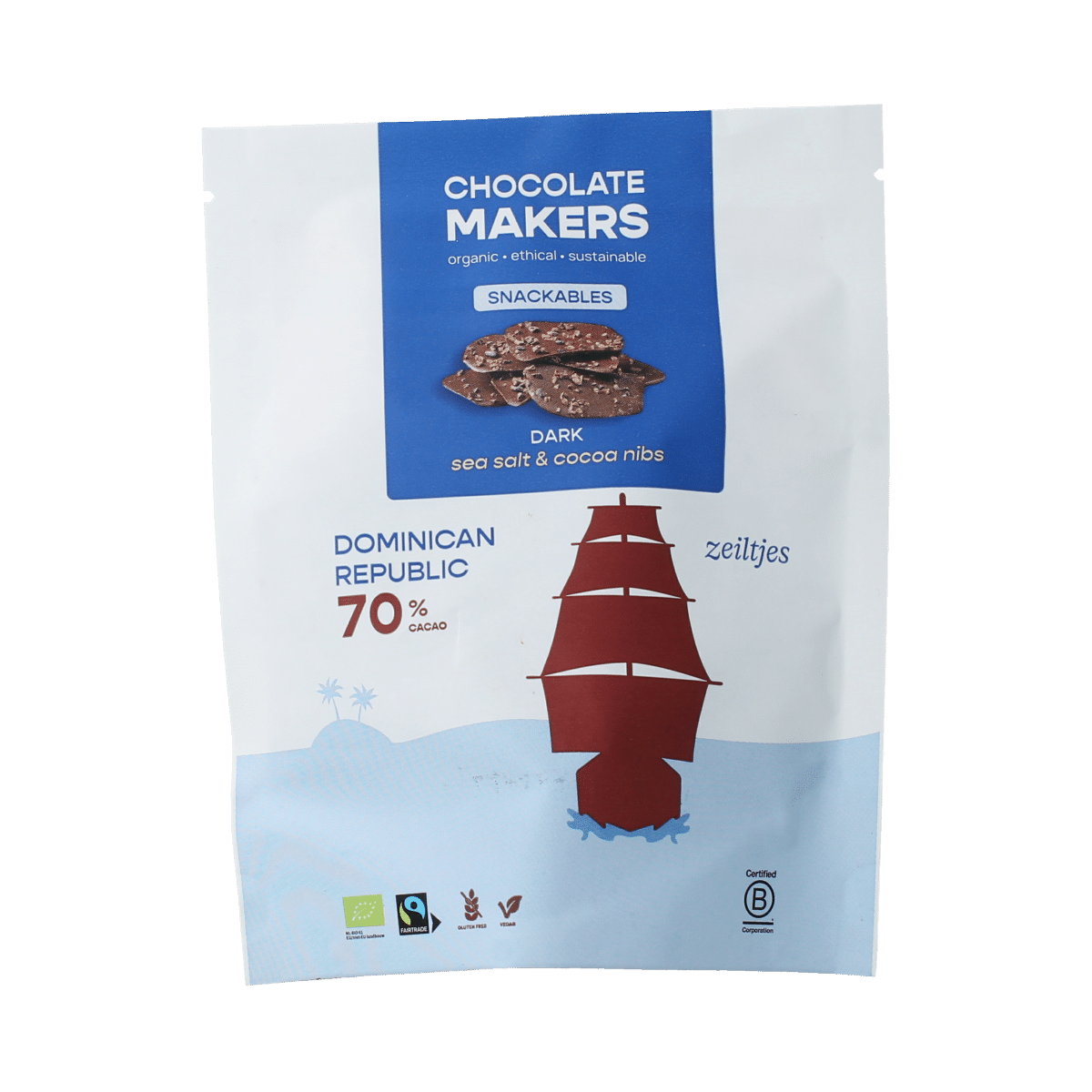 8719324515351_A1N1.png Chocolatemakers Zeiltjes puur 70% met cacaonibs & zeezout bio - Afbeelding 1
