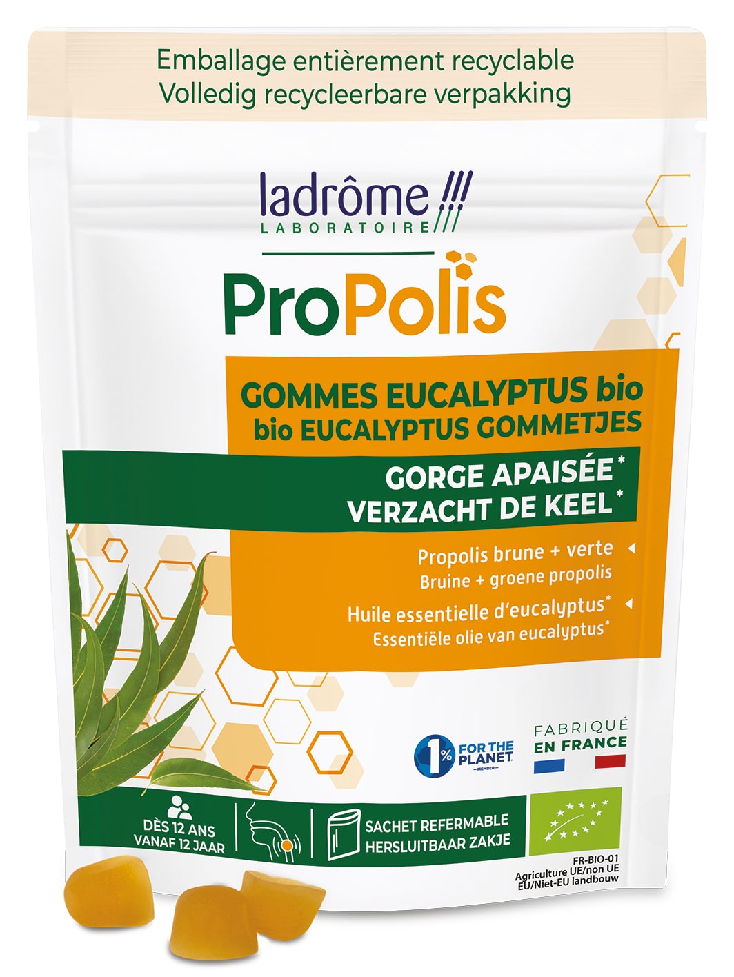 3486330128824_A1N1.jpg Ladrome Propolis eucalyptus gommetjes doypack bio - Afbeelding 1